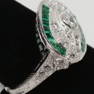 Size 6.5 - .925 Sterling Silver Antique Reproduction Ring w/CZ Center & Genuine Emeralds - RH Plated