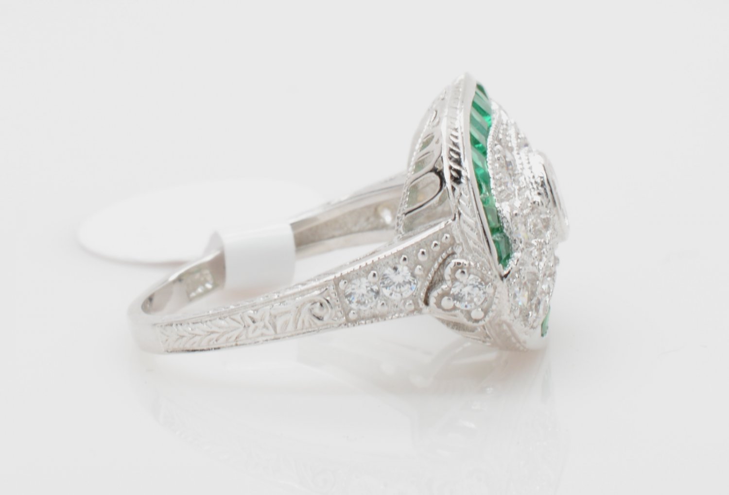 Size 7.5 - .925 Sterling Silver Antique Reproduction Ring w/CZ Center & Genuine Emeralds - RH Plated