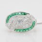 Size 7.5 - .925 Sterling Silver Antique Reproduction Ring w/CZ Center & Genuine Emeralds - RH Plated
