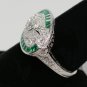 Size 7.5 - .925 Sterling Silver Antique Reproduction Ring w/CZ Center & Genuine Emeralds - RH Plated