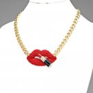 PAVE CRYSTAL RED LIPS & LIPSTICK PENDANT NECKLACE - GOLD SIAM
