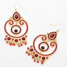 BEADED CLOUDY FAN DANGLE EARRINGS - RED