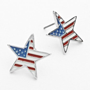 ENAMELED AMERICAN FLAG STAR STUD EARRINGS - RHODIUM