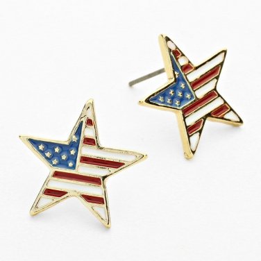 ENAMELED AMERICAN FLAG STAR STUD EARRINGS - GOLD