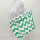 Large Designer Chevron Print Canvas Beach Tote - Green / White