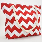 Large Designer Chevron Print Canvas Beach Tote - Red / White