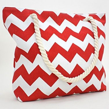 Large Designer Chevron Print Canvas Beach Tote - Red / White