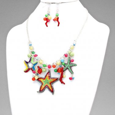 SPIRAL STARFISH BEADED STATEMENT NECKLACE - EARRING SET - SILVER MULTI
