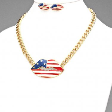 AMERICAN FLAG PRINTED LIPS PENDANT NECKLACE -  EARRING SET