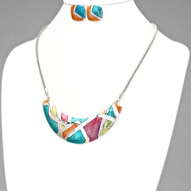 LACQUERED ABSTRACT BIB STATEMENT NECKLACE with MATCHING EARRINGS - RHODIUM