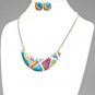 LACQUERED ABSTRACT BIB STATEMENT NECKLACE with MATCHING EARRINGS - RHODIUM