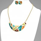 LACQUERED ABSTRACT BIB STATEMENT NECKLACE  and EARRING SET - GOLD