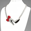 PAVE BOW STILETTO PENDANT CURB CHAIN NECKLACE - RHODIUM