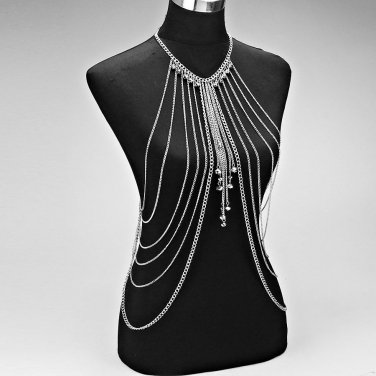 BEAD DANGLING BODY HARNESS BIKINI CHAIN NECKLACE - RHODIUM