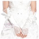 White Long Fingerless Ivory Satin Lace Rhinestone Bow Gloves BG0012