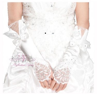 White Long Fingerless Ivory Satin Lace Rhinestone Bow Gloves BG0012