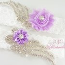 Lilac Purple Double Wings Rhinestone with Chic Shabby Satin Flower Garter Set GTF0008L