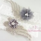 Gray Double Wings Rhinestone with Chic Shabby Satin Flower Garter, Bridal Garter Set GTF0009G