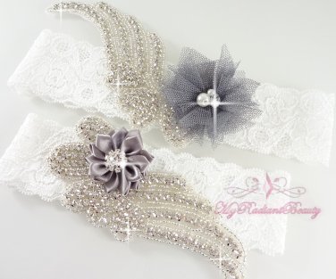 Gray Double Wings Rhinestone with Chic Shabby Satin Flower Garter, Bridal Garter Set GTF0009G