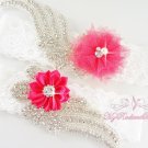 Red Double Wings Rhinestone with Chic Shabby Satin Flower Garter, Bridal Garter Set GTF0009F
