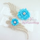 Custom Double Wings Rhinestone with Chic Shabby Satin Blue Flower Garter, Bridal Garter GTF0008B