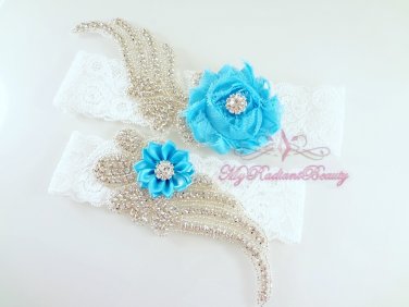 Custom Double Wings Rhinestone with Chic Shabby Satin Blue Flower Garter, Bridal Garter GTF0008B