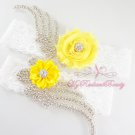 Sunny Yellow Double Wings Rhinestone with Chic Shabby Satin Flower Garter, Bridal Garter GTF0008Y