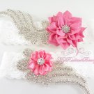 Double Wings Rhinestone with Chic Shabby Satin Pink Flower Garter, Wedding Bridal Garters, GTF0007P