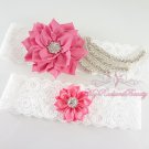 Single Wing Rhinestone with Chic Shabby Satin Pink Flower Garter, Bridal handmade Garter GTF0006P