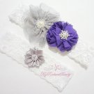Purple Chiffon Flower Bridal Garter, Gray Lilac Rhinestone toss Garter, Wedding Garter Set GTF0004P