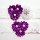 Bridal Garters Purple Triple Flower White Mesh silk , Bridal Garters, Lace Garters GTF0001P