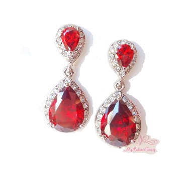 Dual Drop Pierced Dangle Earring Ruby Zircon Swarovski Crystal ER0005