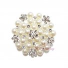 Silver Plated Ivory Pearl Clear Rhinestone Crystal Flat Brooch, Wedding Brooch, Bridal Brooch BR0020