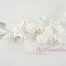 Pearl Crystal white Flower Silver Leaves Hair Comb, Bridal hair Comb, bridal comb, tiara comb HC0013