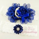 Navy Blue Chiffon Flower Garter, Rhinestone Bridal Garter, Wedding Bridal Garters GTF0003NB