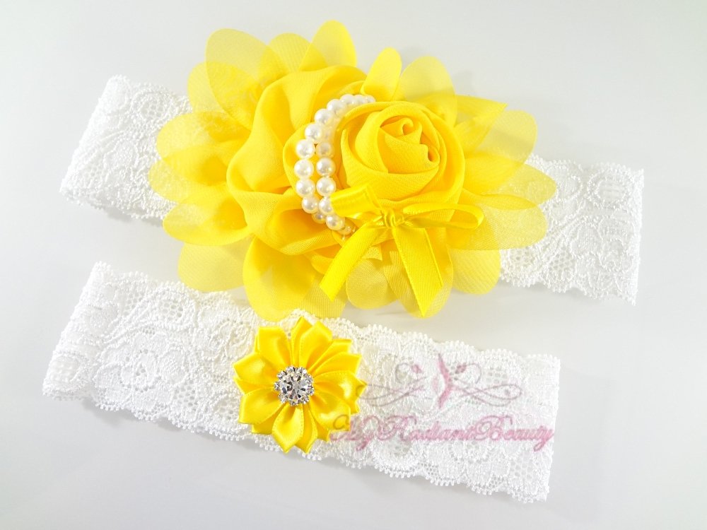 Yellow Chiffon Flower Garter, Rhinestone Bridal Garter, Wedding Bridal ...