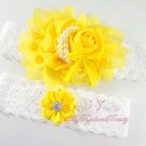 Yellow Chiffon Flower Garter, Rhinestone Bridal Garter, Wedding Bridal Garters GTF0003Y