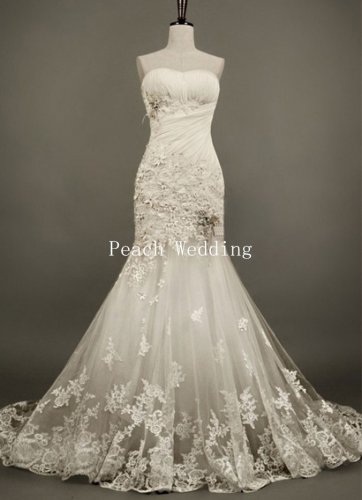 2014 White Ivory Chiffon Tulle Pleat Lace Applqiue Beading Wedding Dress Bridal Dress W1