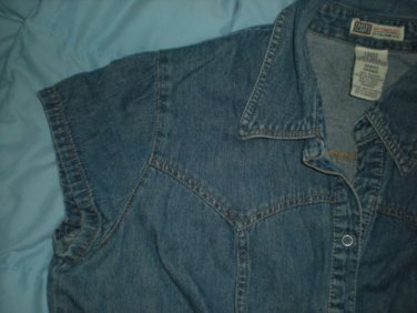 Faded Glory Cap Sleeved Blue Denim Collared Top SZ Large Lrg