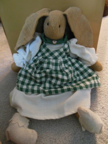 LARGE BURLAP Easter BUNNY Rabbit IN GREEN CHECKED PINAFORE Handmade