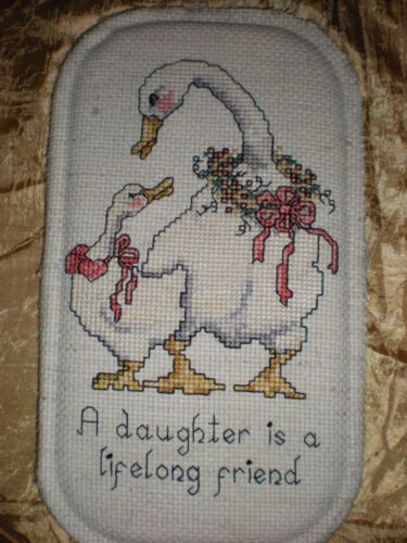 FINISHED AND COMPLETED COUNTED CROSS STITCH GOOSE AND DAUGHTER