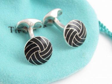 TIFFANY AND CO. CUFF LINKS ~ SOLID SILVER AND BLACK ENAMEL ~ ENGLAND ~  STUNNING !!!