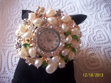 Pearl crystal bangle watch cuff