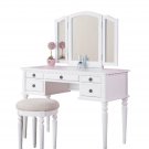 White Wood Vanity Set Make Up Table Dresser Tri Folding Mirrors Stool 5 Drawers