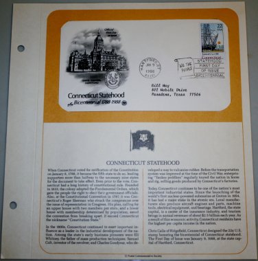 1988 First Day of Issue - Connecticut Statehood