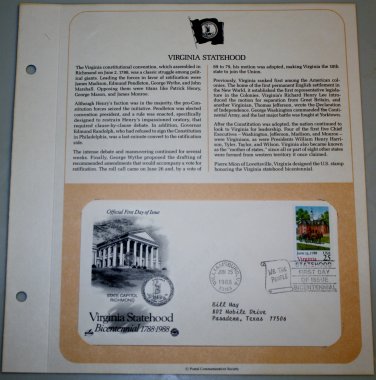 1988 First Day of Issue - Virginia Statehood