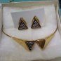 Caroline Emmons Capriccio gold black and rhinestone necklace and clip earrings set
