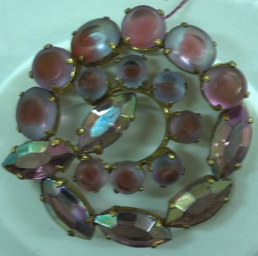 Vintage brooch with purple and pink frosted stones and aurora borealis rhinestones