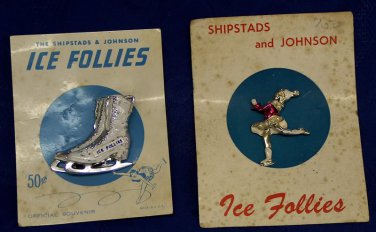 Vintage Shipstads and Johnson Ice Follies souvenir pins on original cards