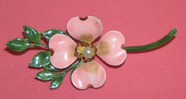Vintage pink dogwood enamel pin - brooch with faux pearl Original By Robert